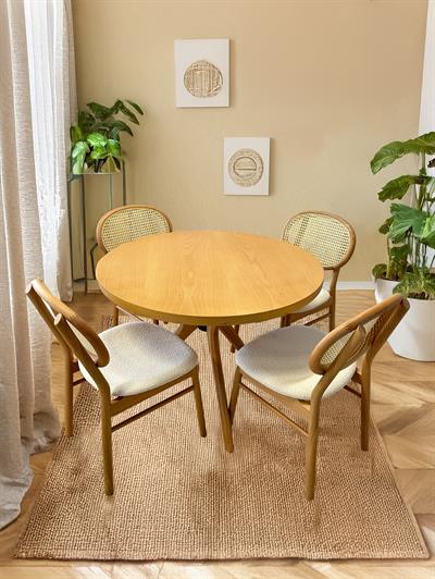 Sina Naturel Renk Yuvarlak Ahşap Masa Takımı 90x90 Cm - 4 Naturel Renk Hazeranlı Sandalye İskandinav Şık Tasarım