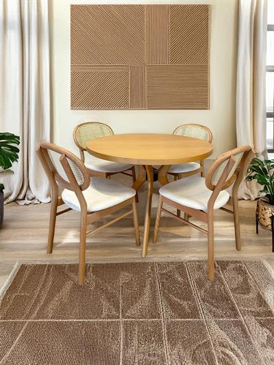 Sina Naturel Renk Yuvarlak Ahşap Masa Takımı 90x90 Cm - 4 Naturel Renk Hazeranlı Sandalye İskandinav Şık Tasarım