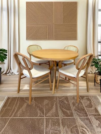 Sina Ahşap Naturel Yuvarlak Masa Takımı 100x100 Cm - 4 Naturel Hazeranlı Oval Sırtlı Sandalye İskandinav Şık Tasarım