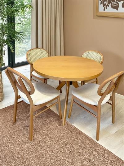Sina Ahşap Naturel Yuvarlak Masa Takımı 100x100 Cm - 4 Naturel Hazeranlı Oval Sırtlı Sandalye İskandinav Şık Tasarım