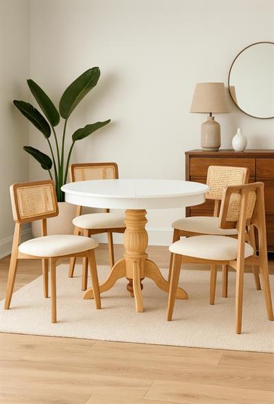 Beyaz Yuvarlak Açılır Masa Takımı 110x110 cm – 4 Sandalyeli Naturel Hazeran Sırtlı İskandinav Tarzı Modern Tasarım