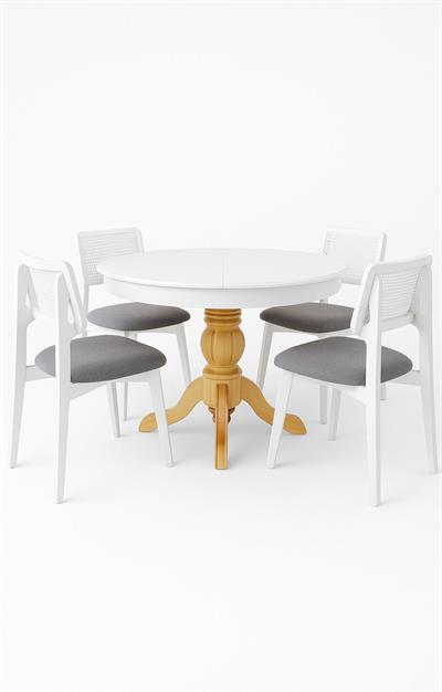 Beyaz Yuvarlak Açılır Masa Takımı 110x110 Cm – Beyaz Hasır Sırtlı İskandinav Tarzı Modern Tasarım - 4 Sandalyeli