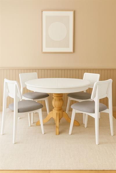 Beyaz Yuvarlak Açılır Masa Takımı 110x110 Cm – Beyaz Hasır Sırtlı İskandinav Tarzı Modern Tasarım - 4 Sandalyeli