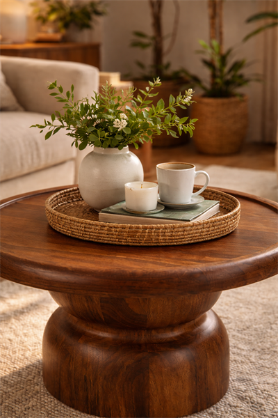 Yuvarlak Ahşap Orta Sehpa – Tek Ayaklı Klasik Modern Tasarım – 80 cm