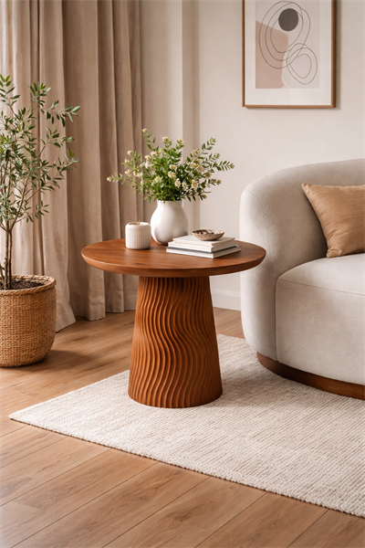 Yuvarlak Ahşap Orta Sehpa – Tek Ayaklı Modern Tasarım