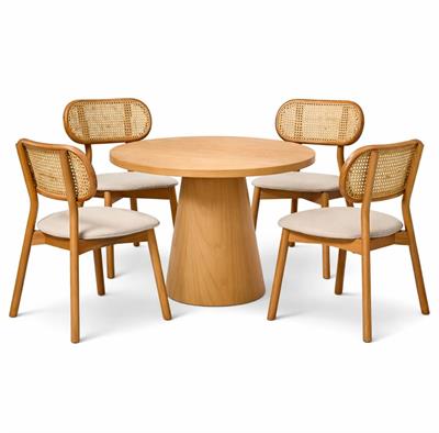 Yuvarlak Masa Takımı 100×100 | Kayın Kaplama Masa + Hasırlı Sandalyeler (4 Sandalye 1 Masa)