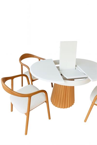 Zenora Yuvarlak Beyaz Tabla Naturel Ayak Açılır Masa Takımı - 4 Sandalye Bohem & İskandinav Şık Tasarım