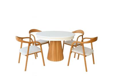 Zenora Yuvarlak Beyaz Tabla Naturel Ayak Açılır Masa Takımı - 4 Sandalye Bohem & İskandinav Şık Tasarım