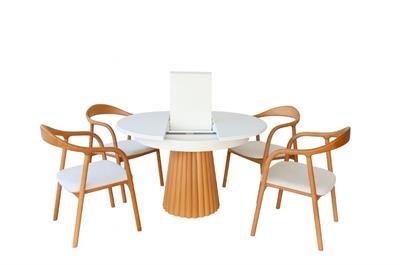 Zenora Yuvarlak Beyaz Tabla Naturel Ayak Açılır Masa Takımı - 4 Sandalye Bohem & İskandinav Şık Tasarım