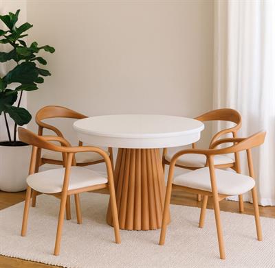 Zenora Yuvarlak Beyaz Tabla Naturel Ayak Açılır Masa Takımı - 4 Sandalye Bohem & İskandinav Şık Tasarım