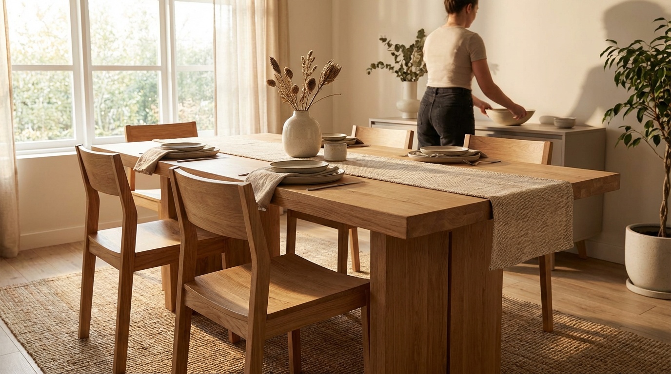 ahşap masa,dekoratif dolap,modern sandalye