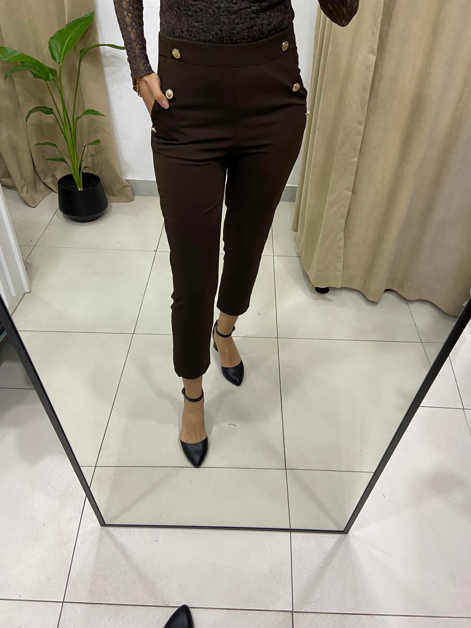 Beli Lastikli Gold Düğmeli Kahverengi Havuç Pantalon