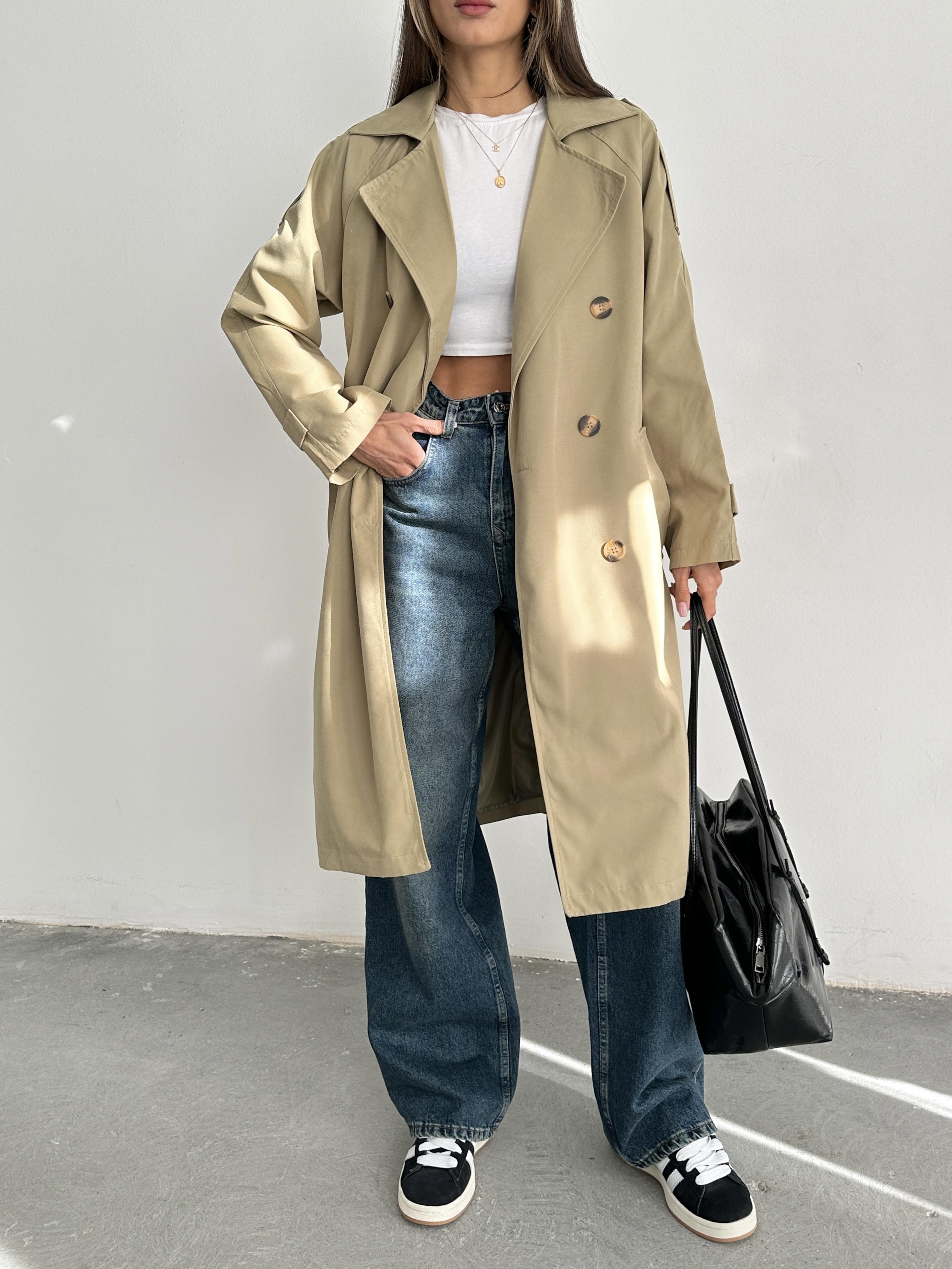 Premium Kuşaklı İçi Astarlı Haki Trençkot