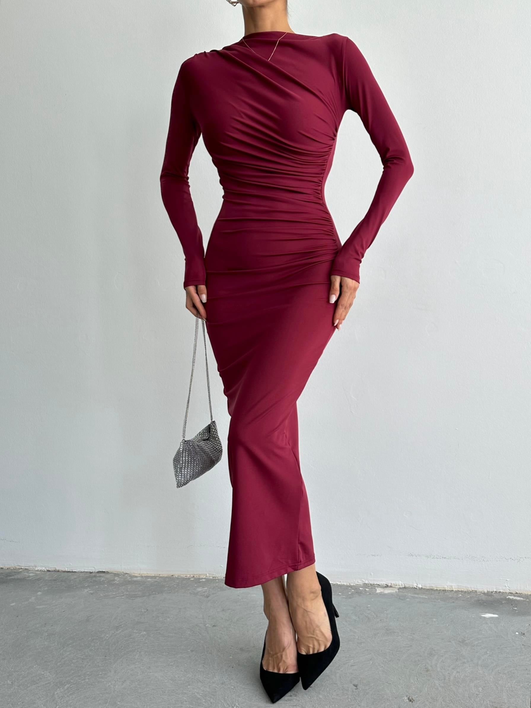Uzun Kollu Göğüs Ve Bel Kısmı Drape Detaylı Bordo Elbise