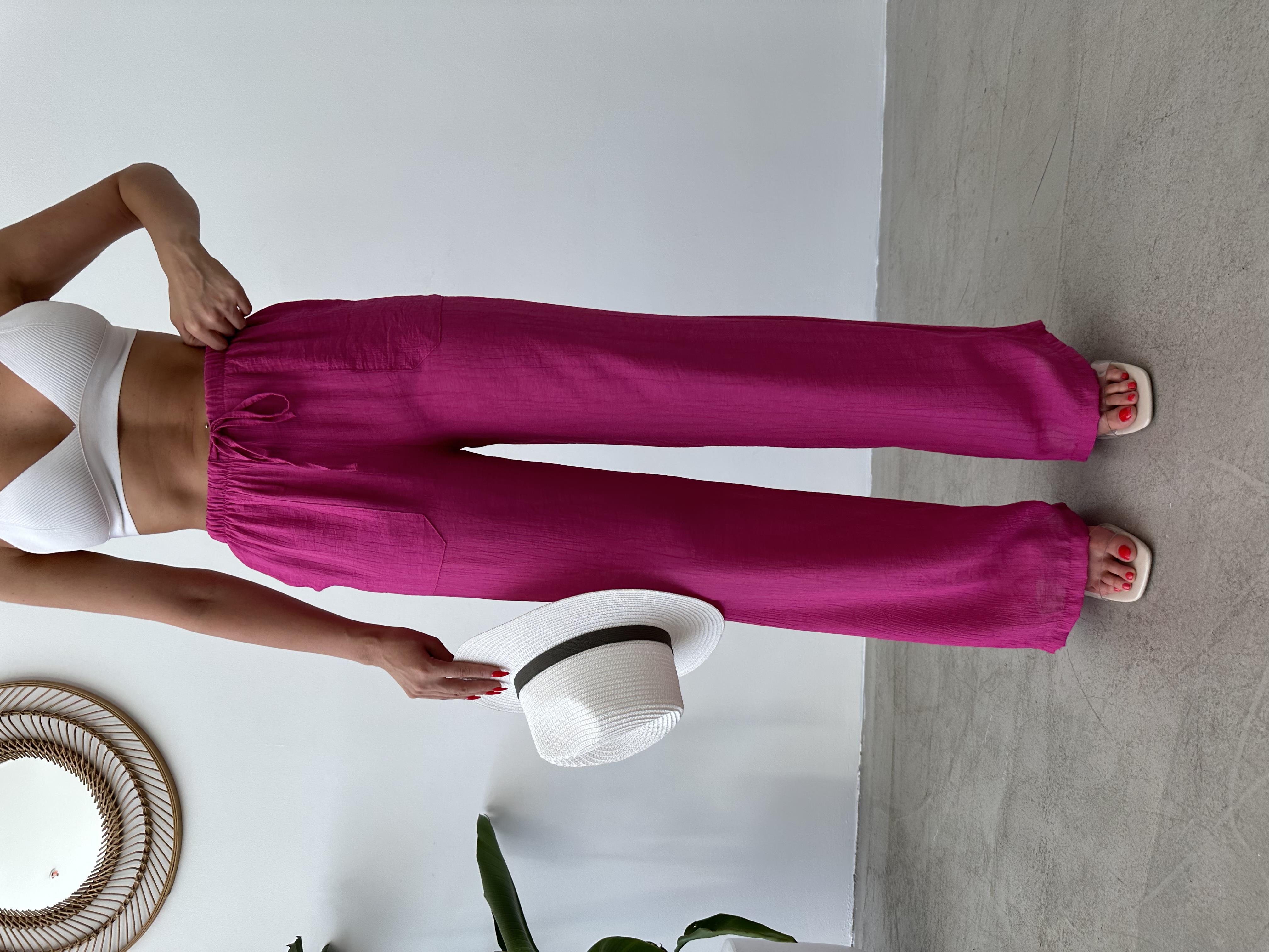 Beli Lastikli Bol Paça Fuşya Krinkıl Pantolon