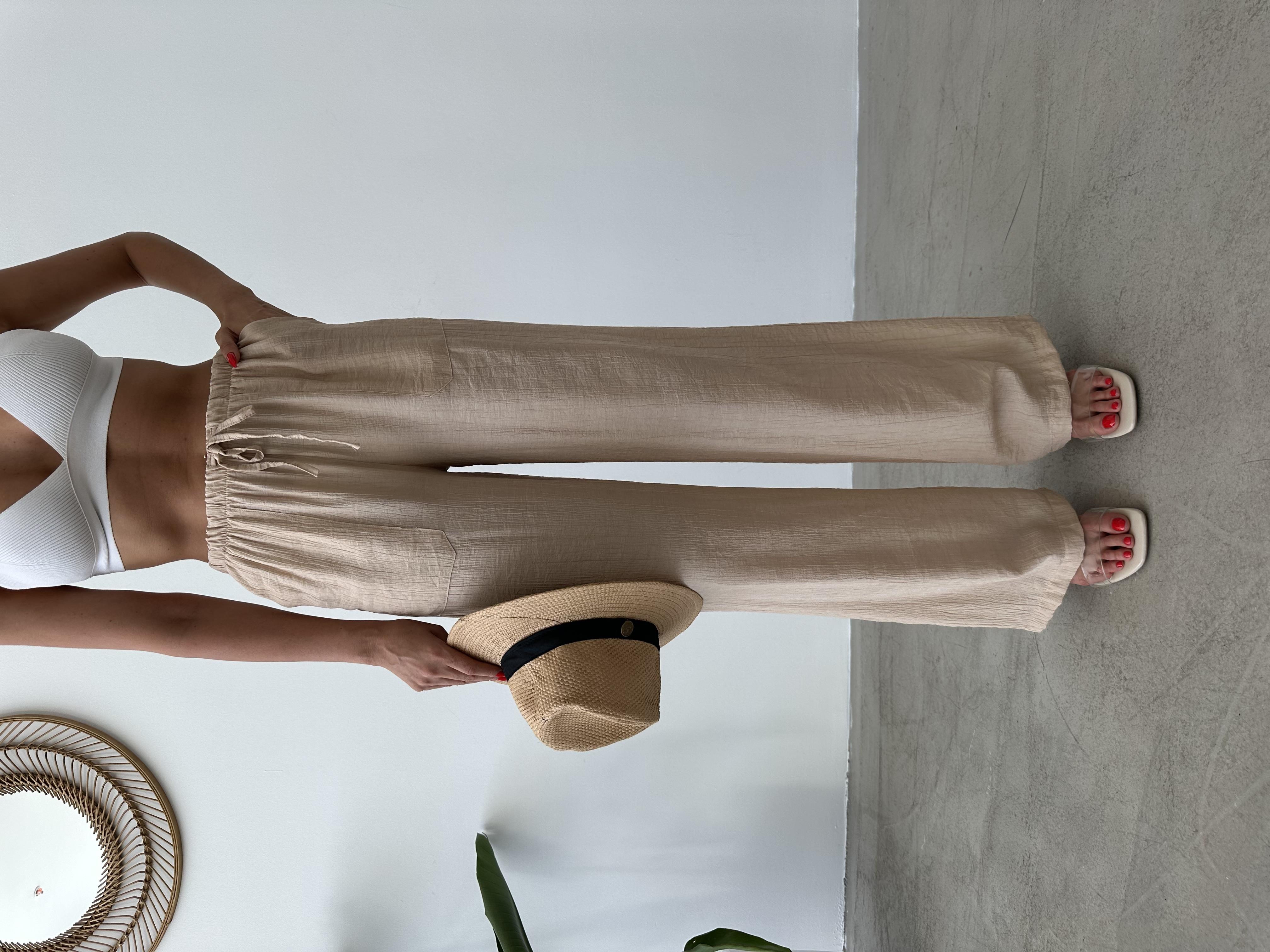Beli Lastikli Bol Paça Krem Krinkıl Pantolon