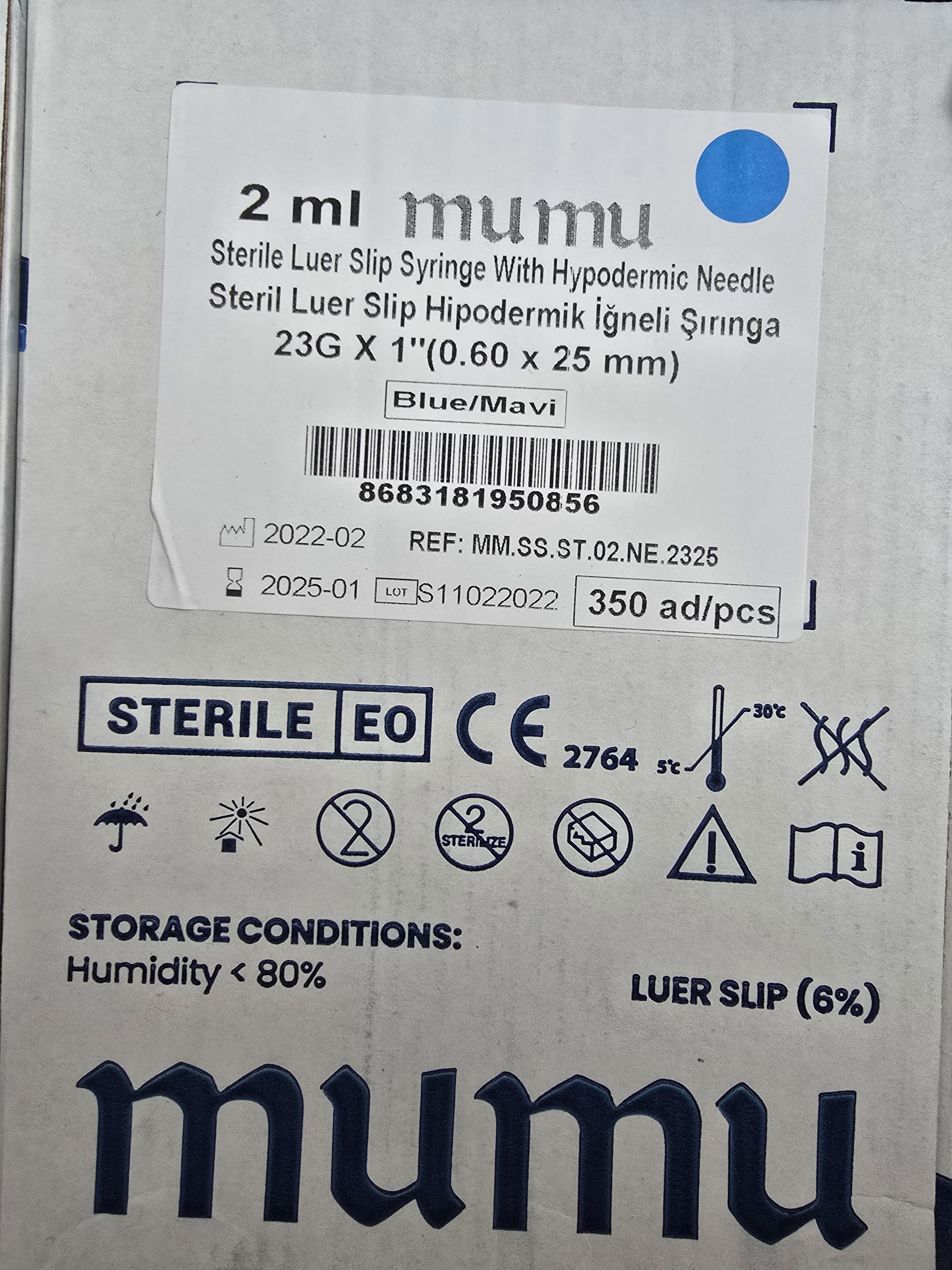 STERİL LUER SLİP HİPODERMİK İĞNELİ ŞIRINGA 23 G X 25 MM MAVİ 350'Lİ