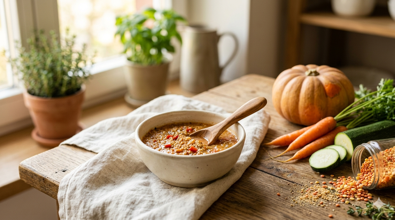 Organik sebzelerle hazırlanmış besleyici bebek tarhanası çorbası ve ek gıda için doğal sebze içerikleri