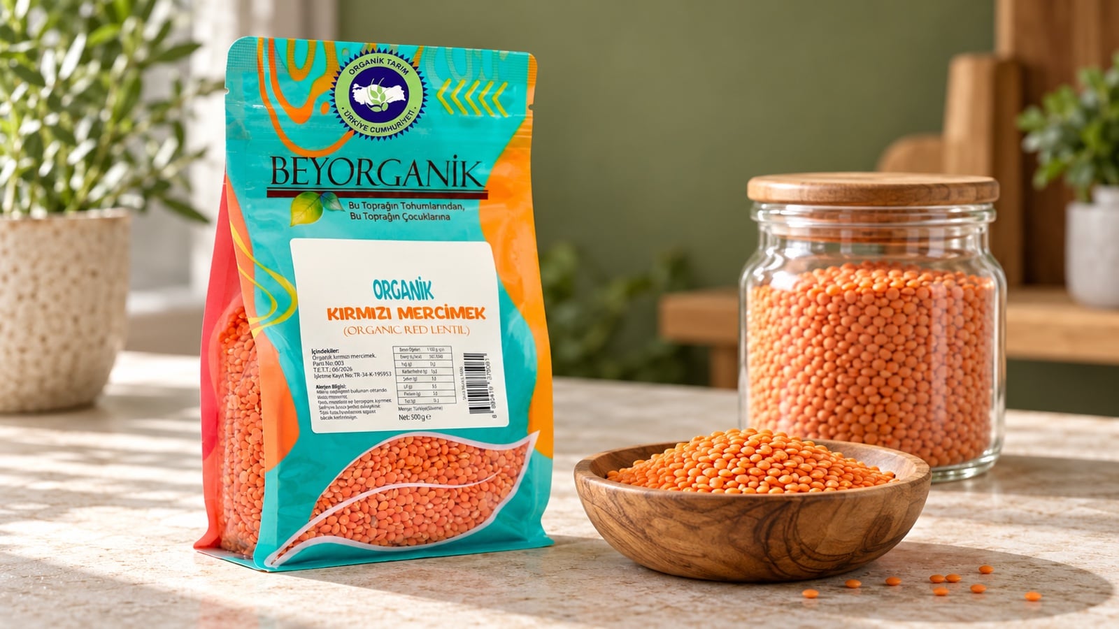 Beyorganik Organik Kırmızı Mercimek paketi ve kuru mercimeklerle mutfak dolabı düzeni