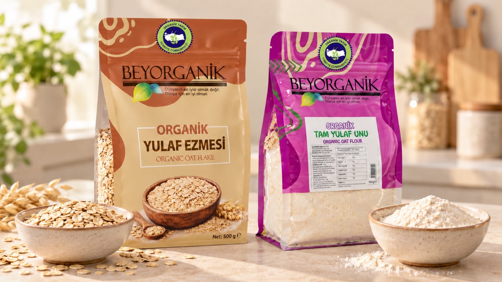 Beyorganik Organik Yulaf Ezmesi ve Organik Tam Yulaf Unu paketleri ile iki ürünün doku karşılaştırması