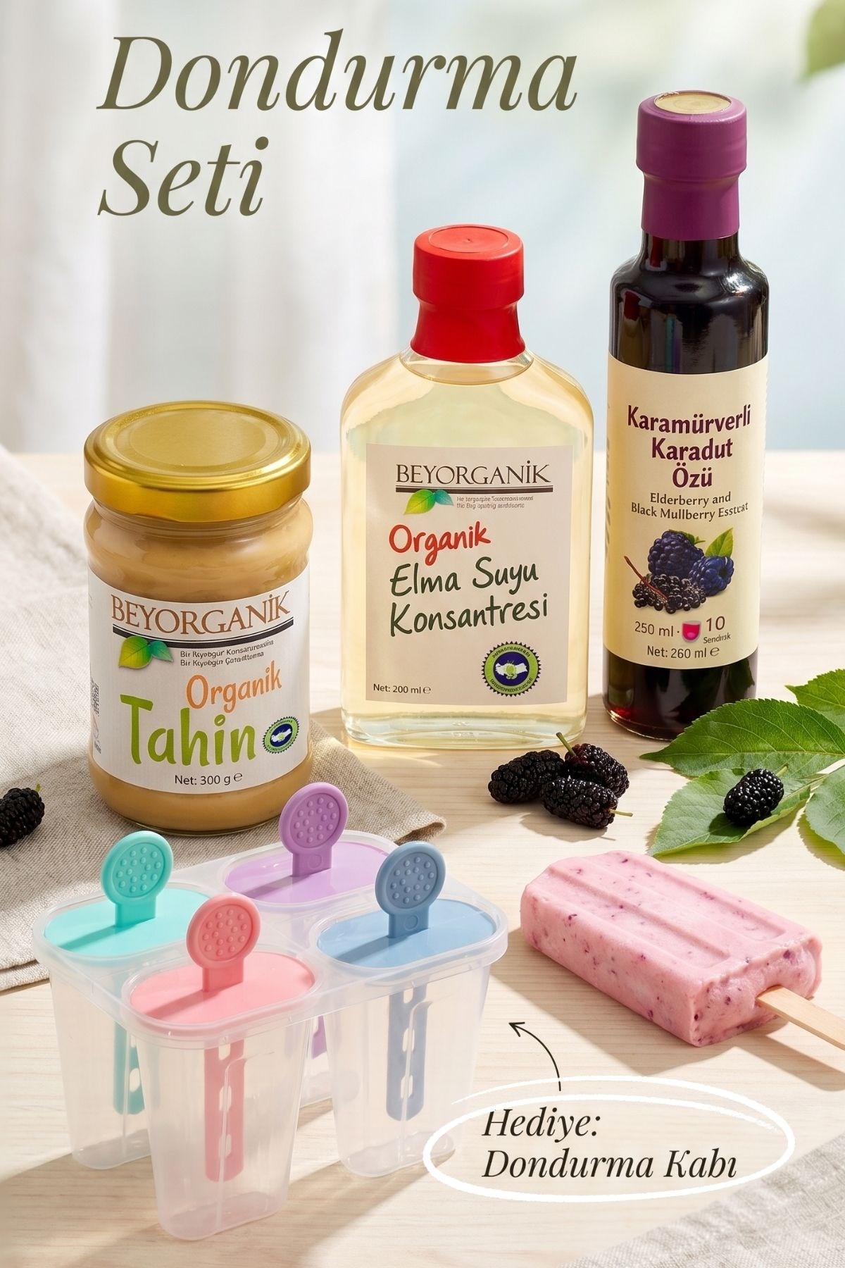 Dondurma Seti 3'lü - Eğlenceli Dondurma Yapma Seti- Organik Tahin 300g + Karamürverli Karadut Özü + Elma Suyu Konsantresi 200 ml | Dondurma Kalıbı Hediyeli