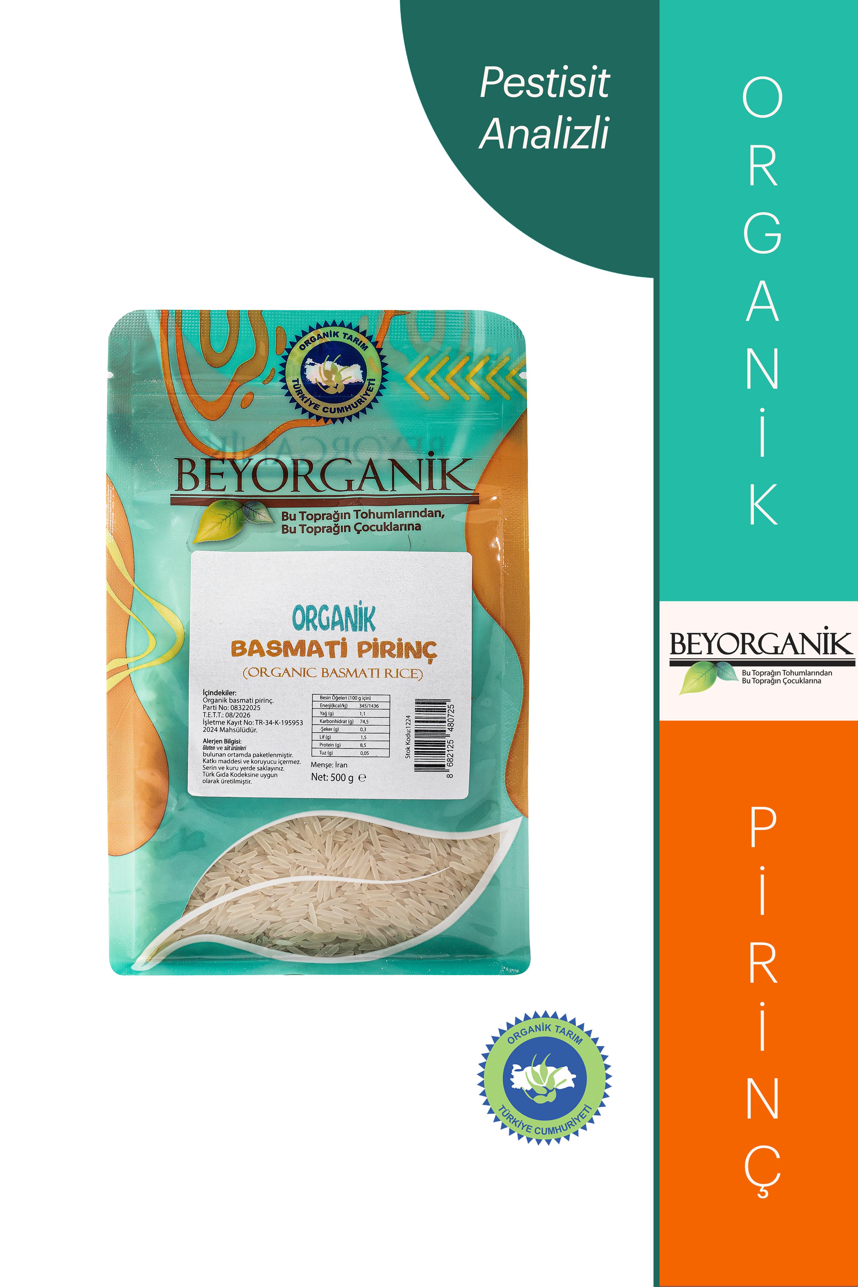 Organik Basmati Pirinç 500gr  (PESTİSİT VE AFLATOKSİN ANALİZLİ)