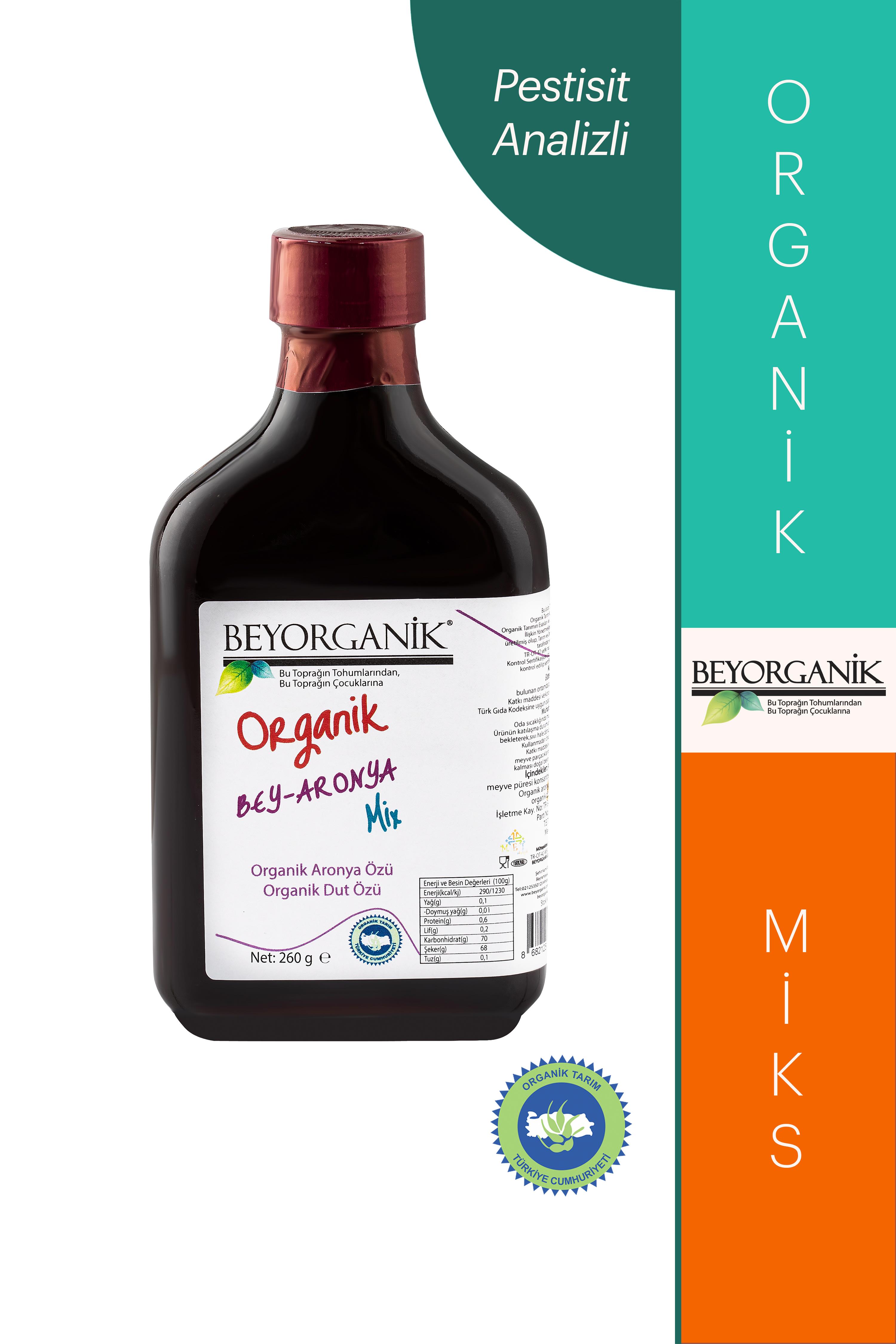 Organik BEY ARONYA Mix 260gr Gerçek Meyve Parçacıklı      (PESTİSİT VE AĞIR METAL ANALİZLİ)   
