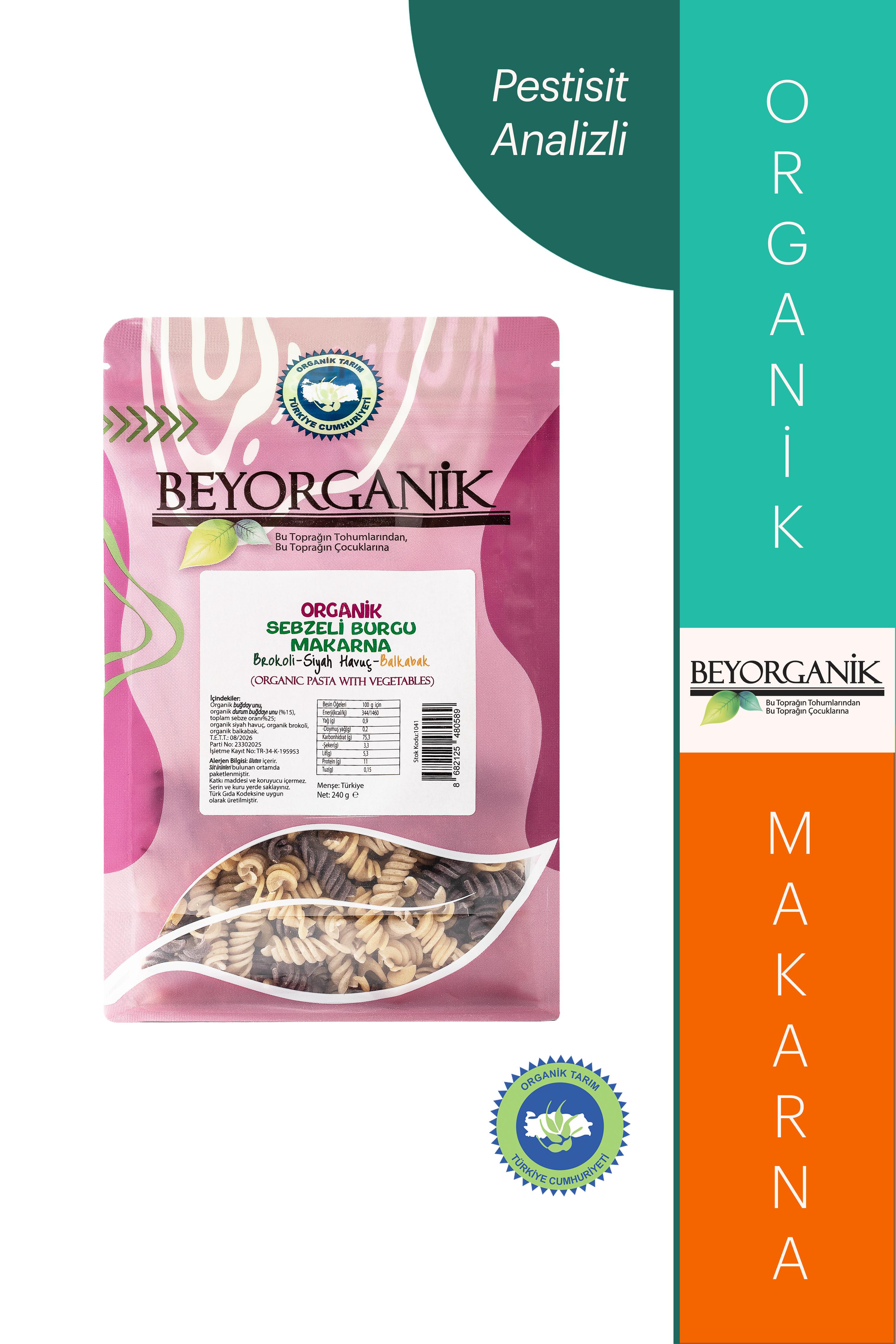 Organik Sebzeli Burgu Makarna %15     Siyah Havuç-Brokoli-Balkabağı 240gr   (PESTİSİT VE AFLATOKSİN ANALİZLİ)  