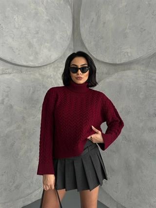 Explode - Kadın Bordo Örgülü Balıkçı Yaka Oversize Triko Kazak