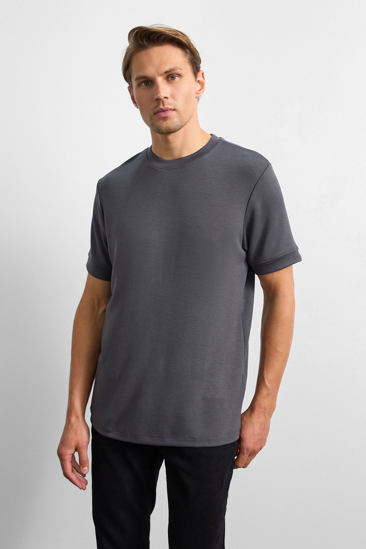 Açık Gri Regular Fit Bisiklet Yaka Tişört