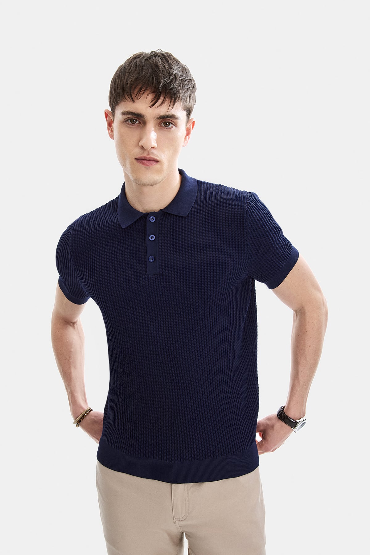 Açık Lacivert Regular Fit Düğmeli Kısa Kol Triko Tişört