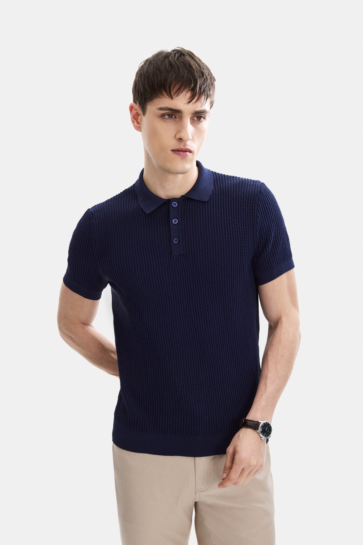 Açık Lacivert Regular Fit Düğmeli Kısa Kol Triko Tişört