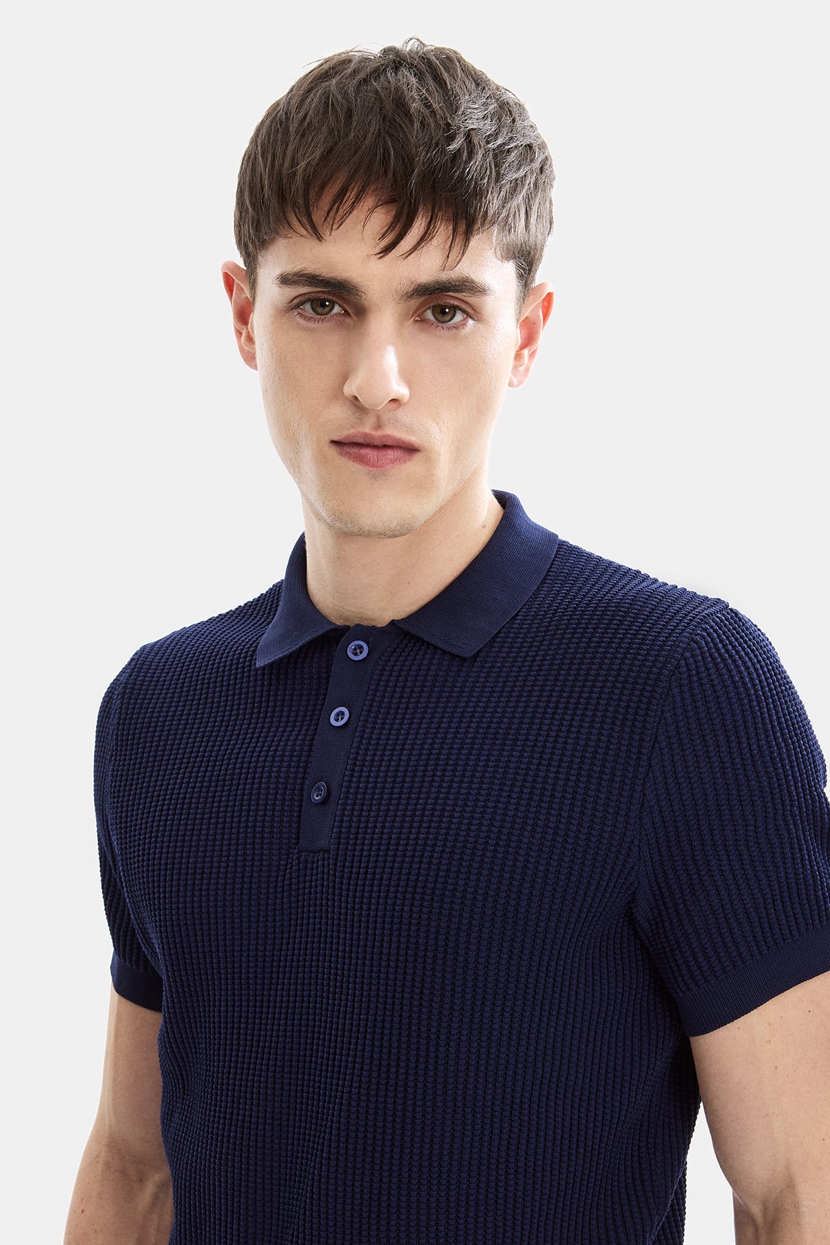 Açık Lacivert Regular Fit Düğmeli Kısa Kol Triko Tişört