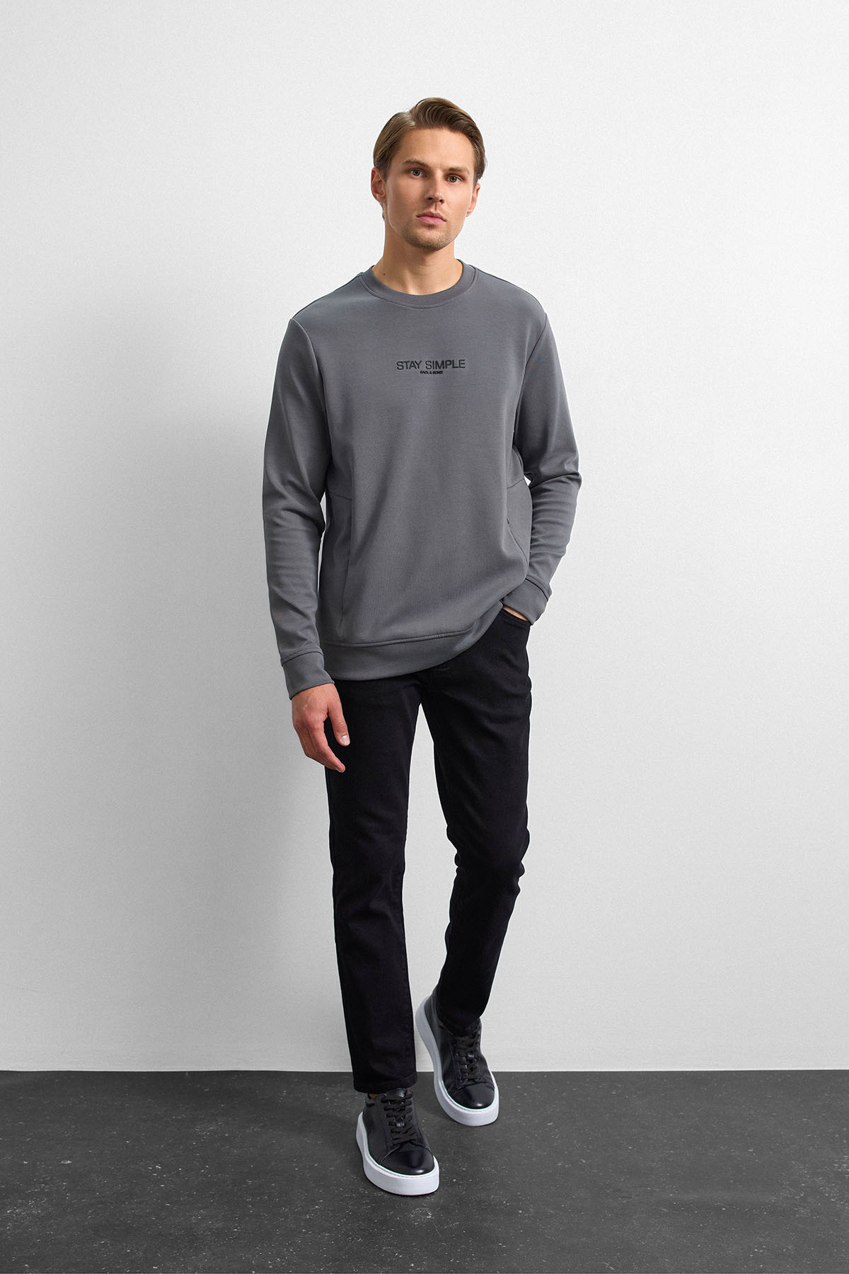 Antrasit Bisiklet Yaka Gizli Fermuarlı Sweatshirt