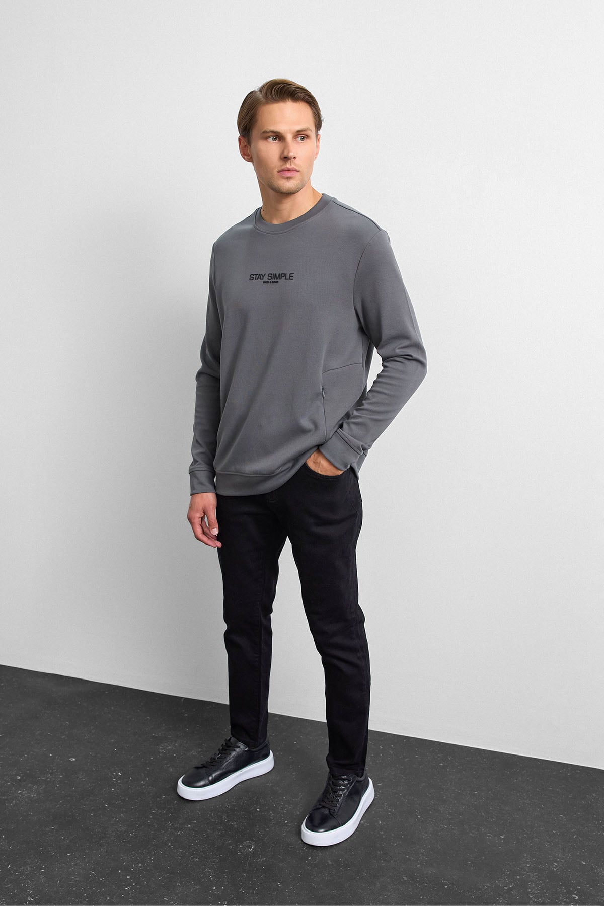 Antrasit Bisiklet Yaka Gizli Fermuarlı Sweatshirt