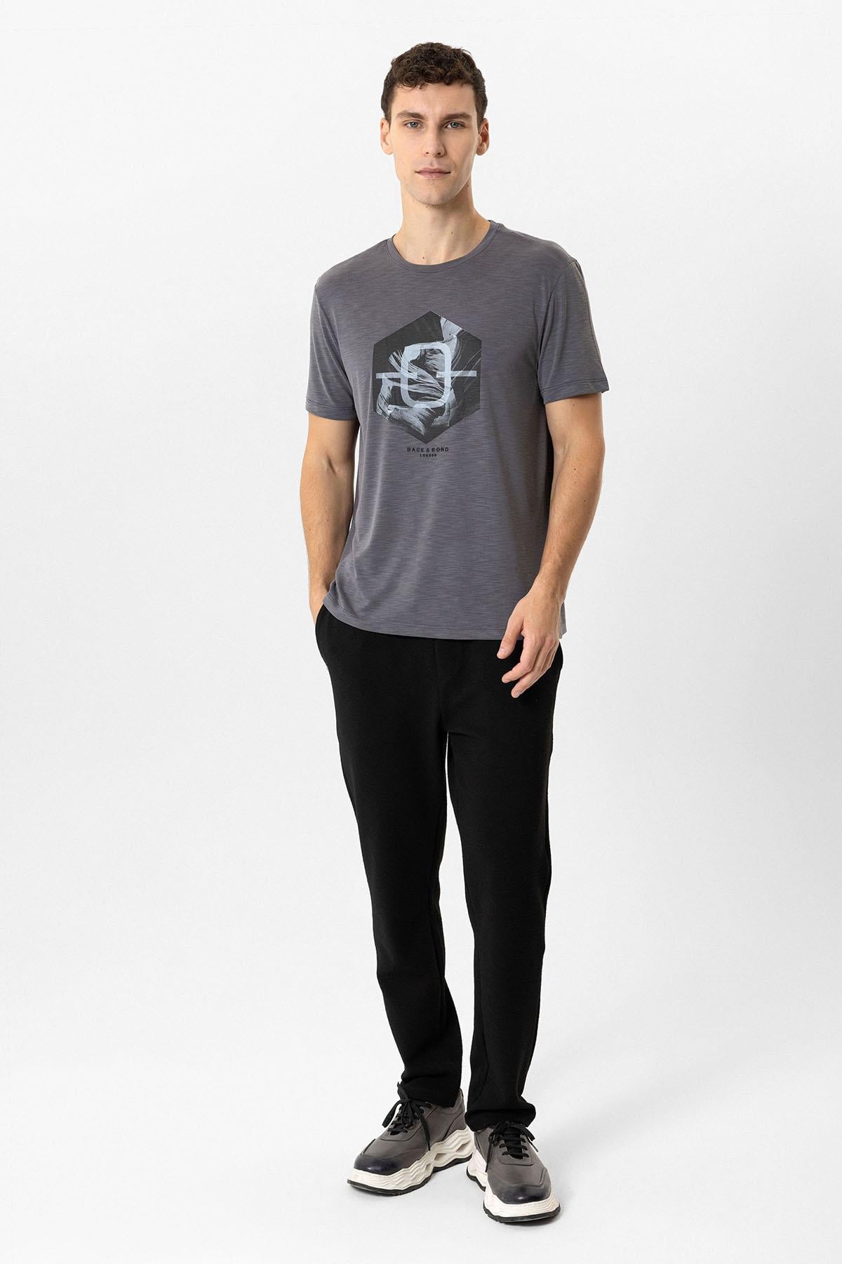 Antrasit Regular Fit Bisiklet Yaka Baskılı Modal Tişört