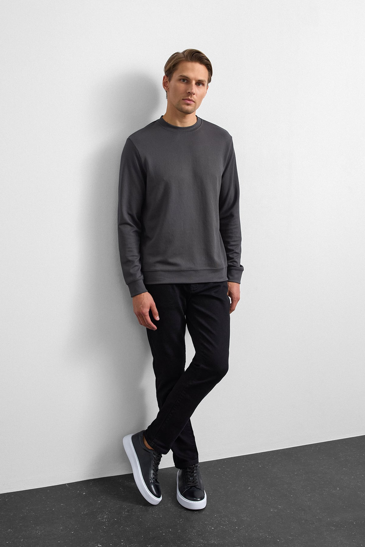 Antrasit Regular Fit Uzun Kol Bisiklet Yaka Tişört