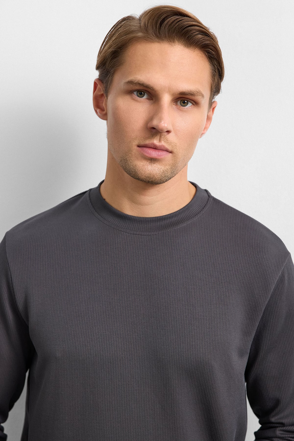 Antrasit Regular Fit Uzun Kol Bisiklet Yaka Tişört