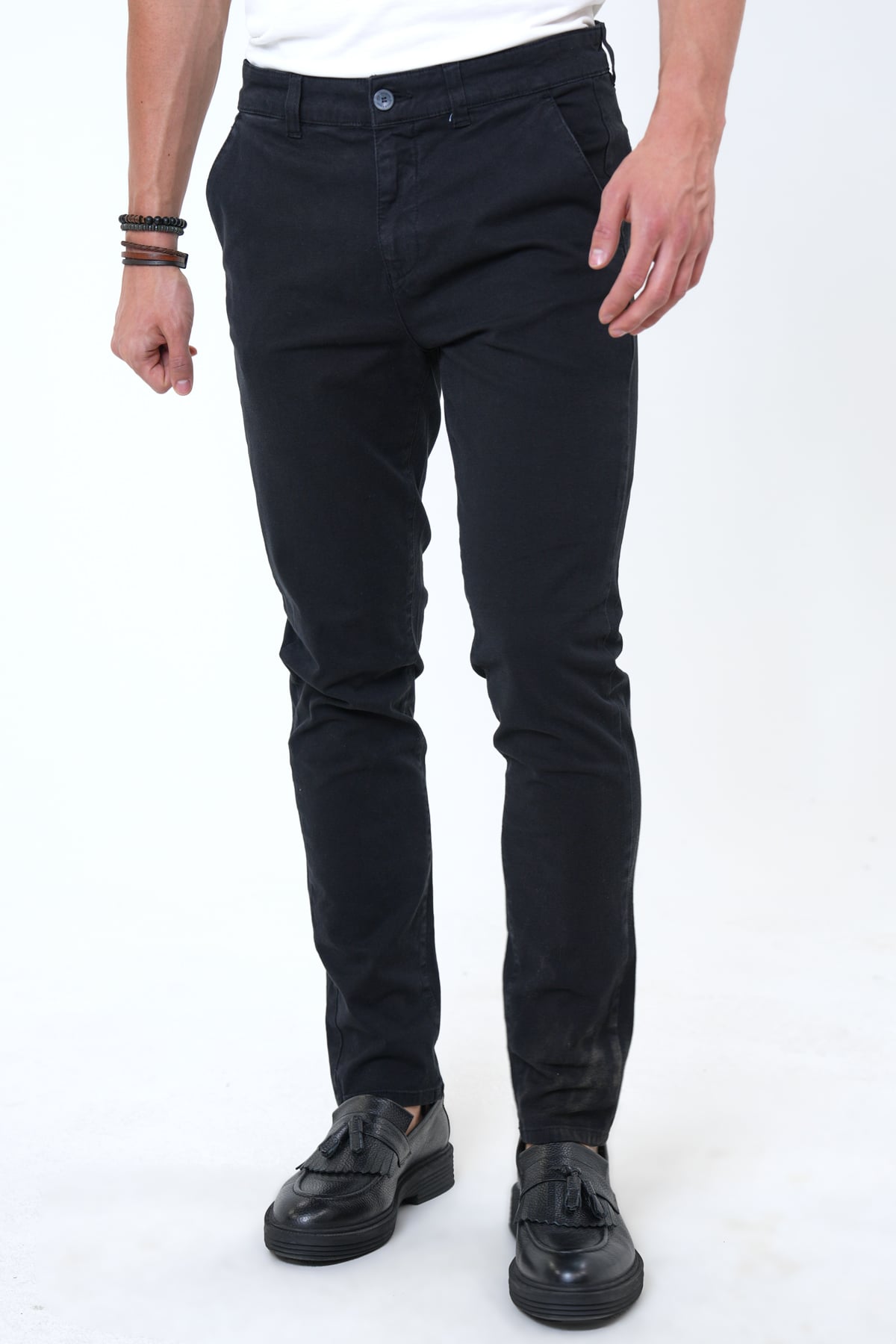 Siyah Slim Fit Pamuklu Armürlü Chino Pantolon