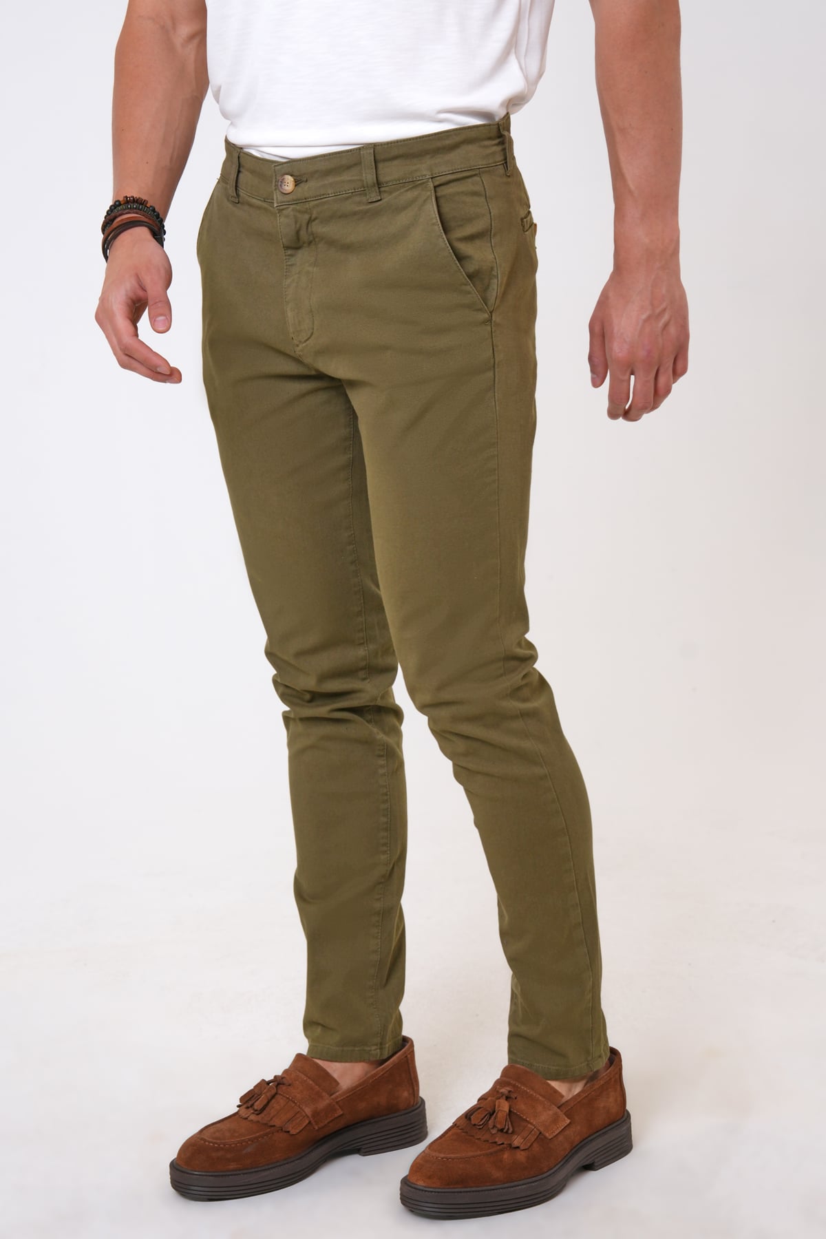 Yeşil Slim Fit Pamuklu Armürlü Chino Pantolon