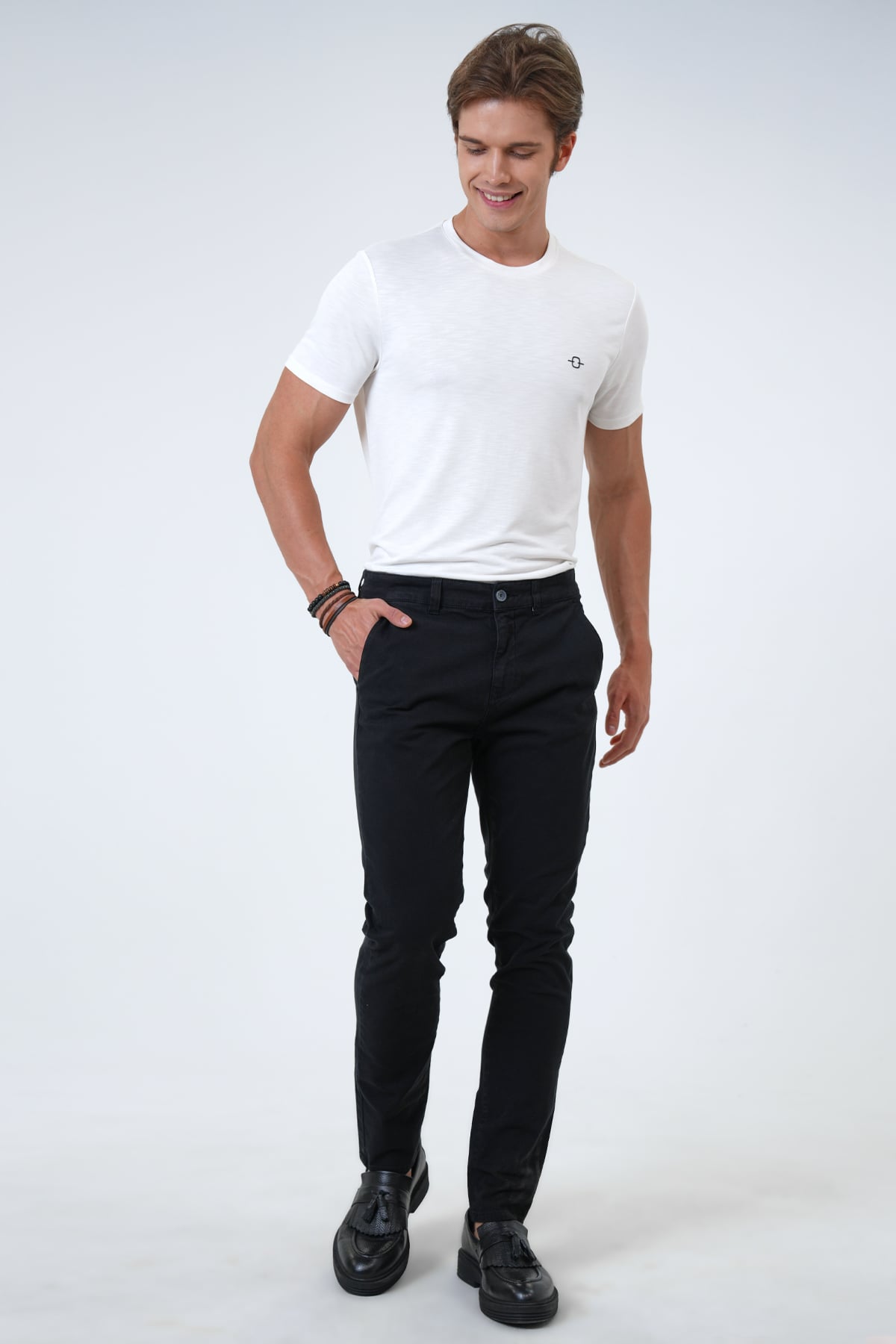 Siyah Slim Fit Pamuklu Armürlü Chino Pantolon