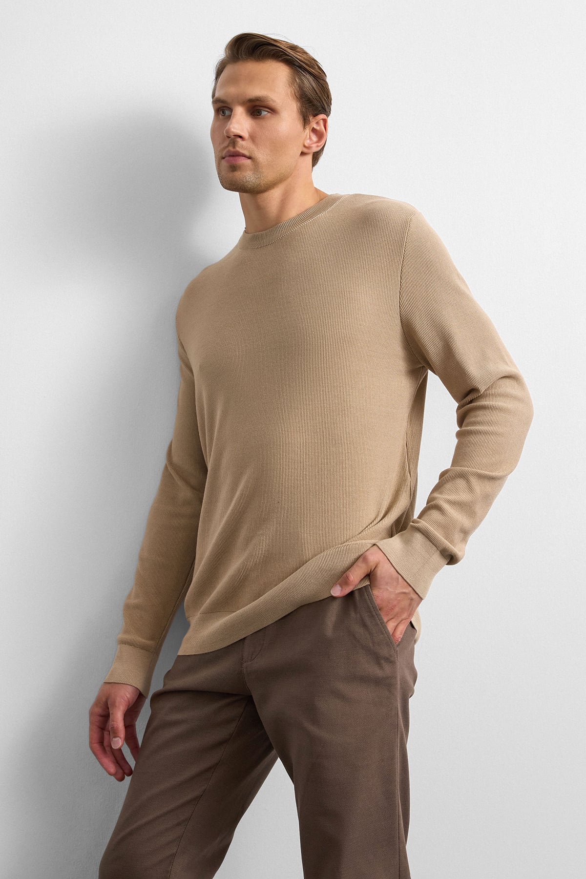 Bej Regular Fit Bisiklet Yaka Triko Kazak