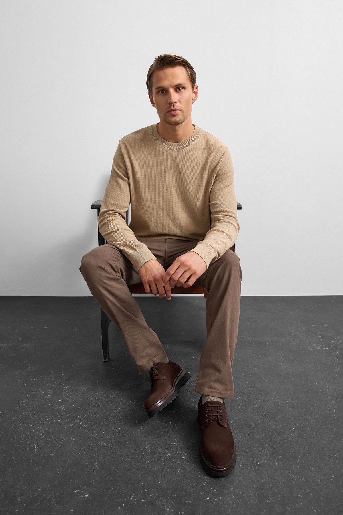 Bej Regular Fit Bisiklet Yaka Triko Kazak