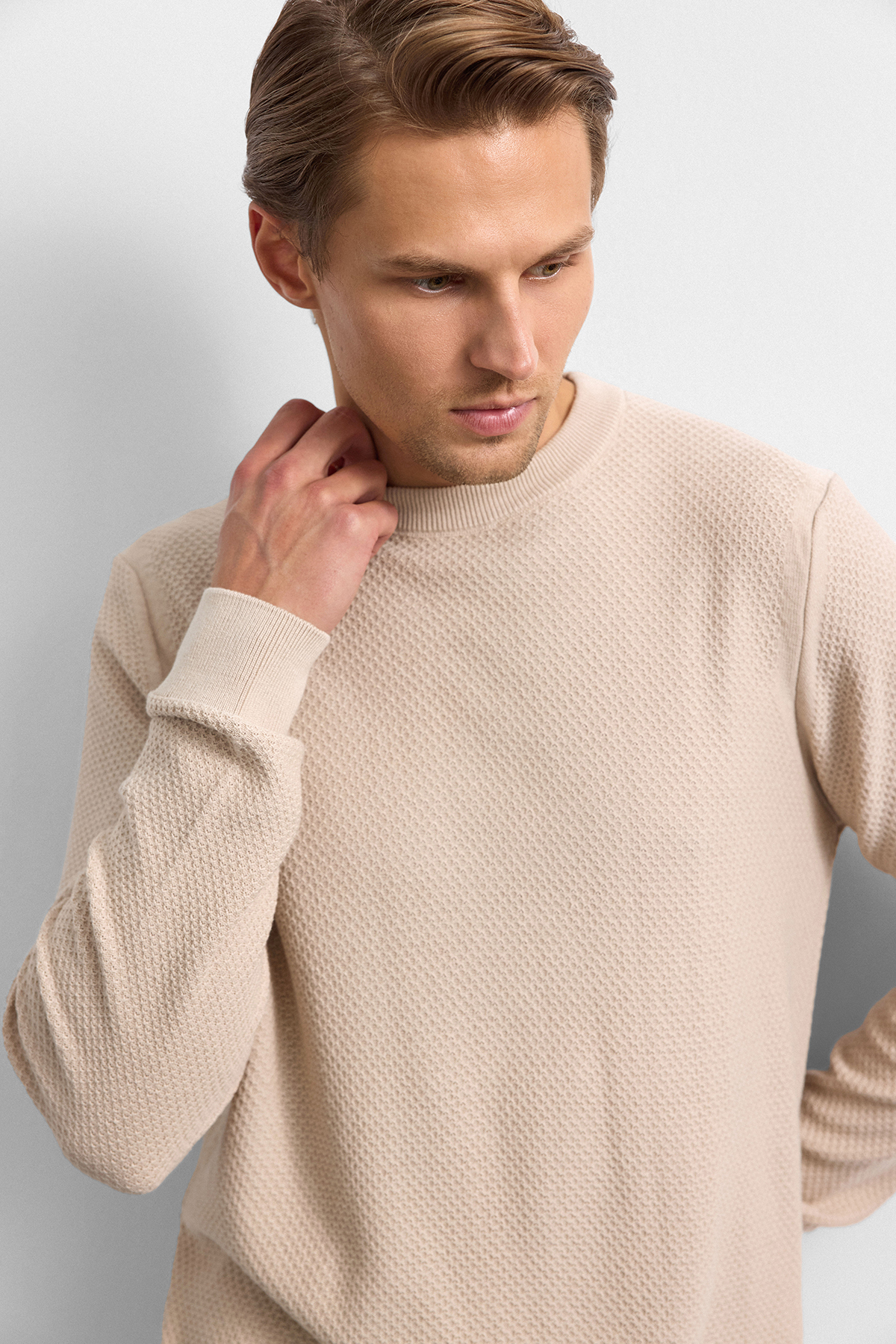 Bej Regular Fit Bisiklet Yaka Triko Kazak