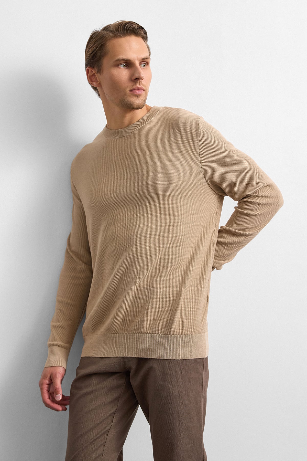 Bej Regular Fit Bisiklet Yaka Triko Kazak