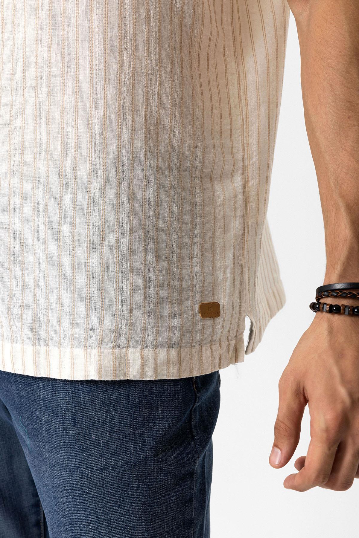 Bej Relaxed Fit Kısa Kollu Çizgili Keten Gömlek