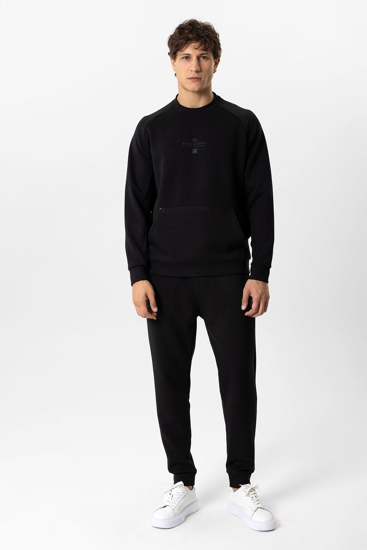 Siyah Regular Fit Pamuklu Bisiklet Yaka Kanguru Sweatshirt