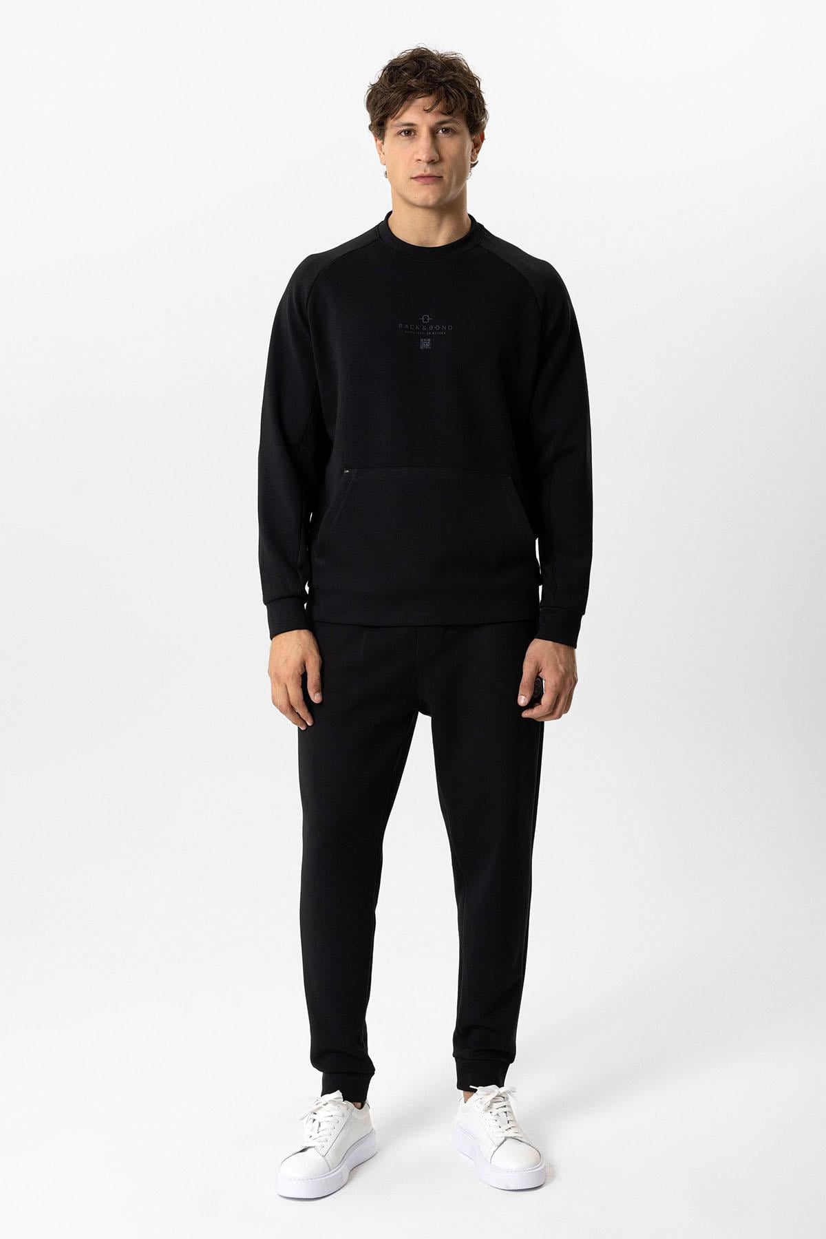 Siyah Regular Fit Pamuklu Bisiklet Yaka Kanguru Sweatshirt