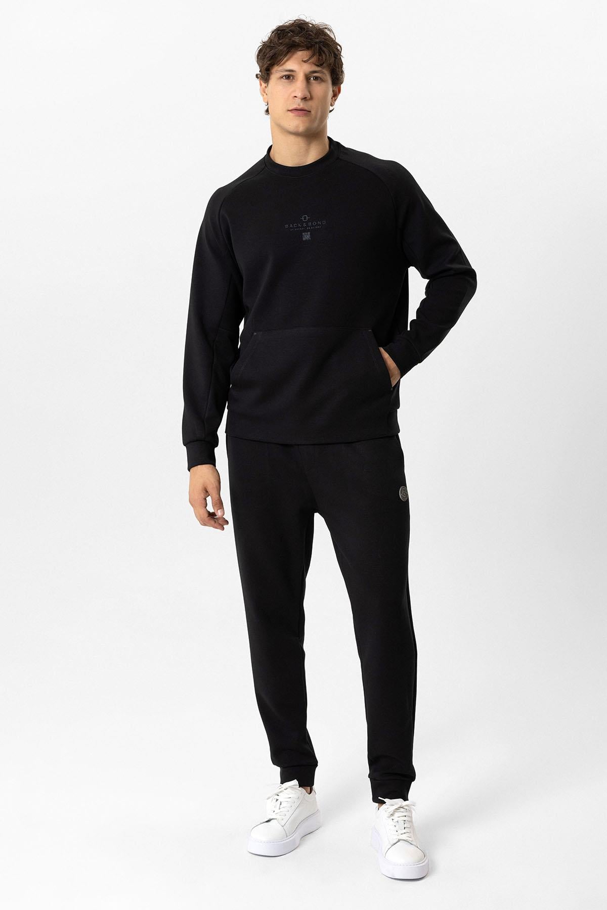 Siyah Regular Fit Pamuklu Bisiklet Yaka Kanguru Sweatshirt