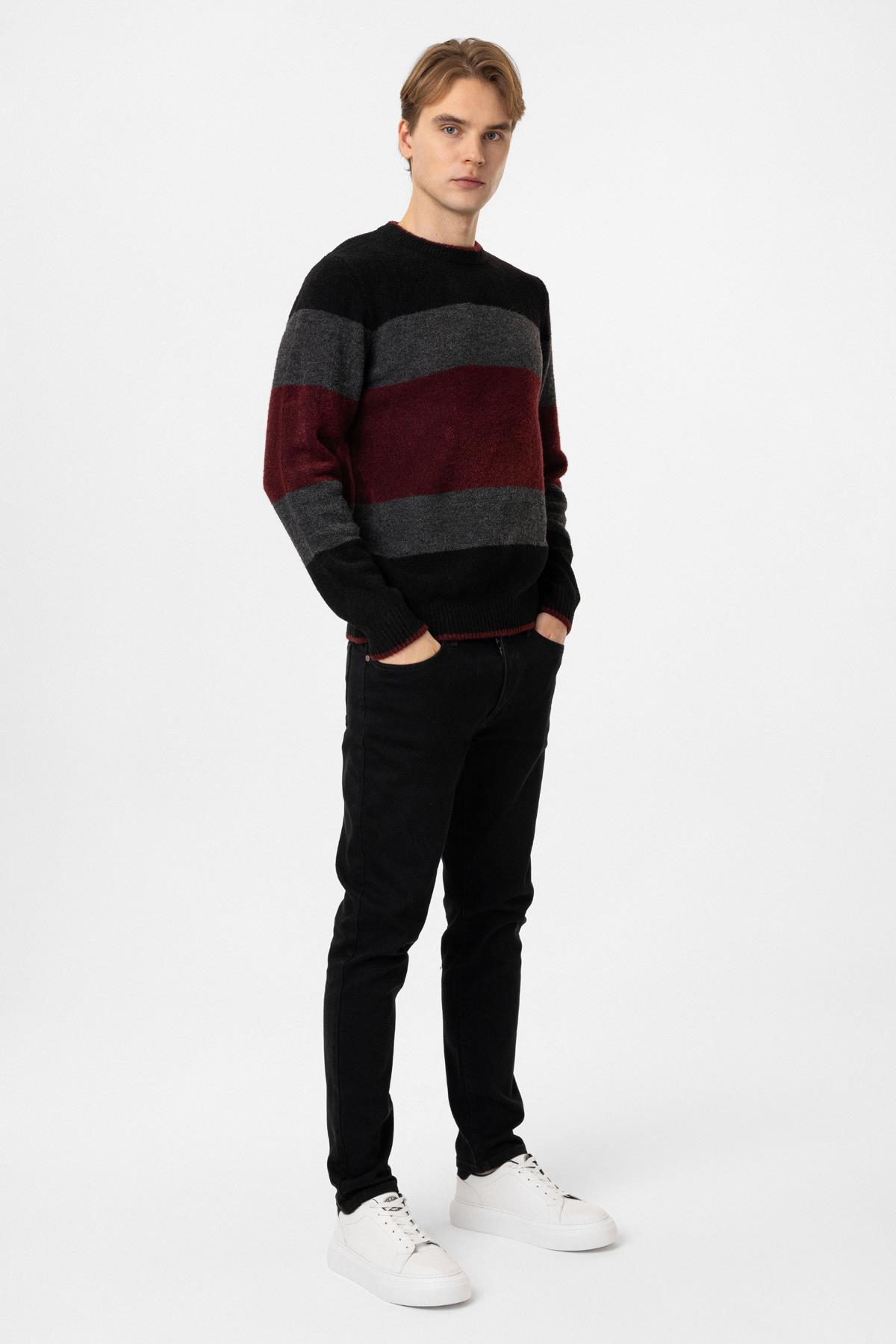 Siyah Regular Fit Bisiklet Yaka Çizgili Triko Kazak